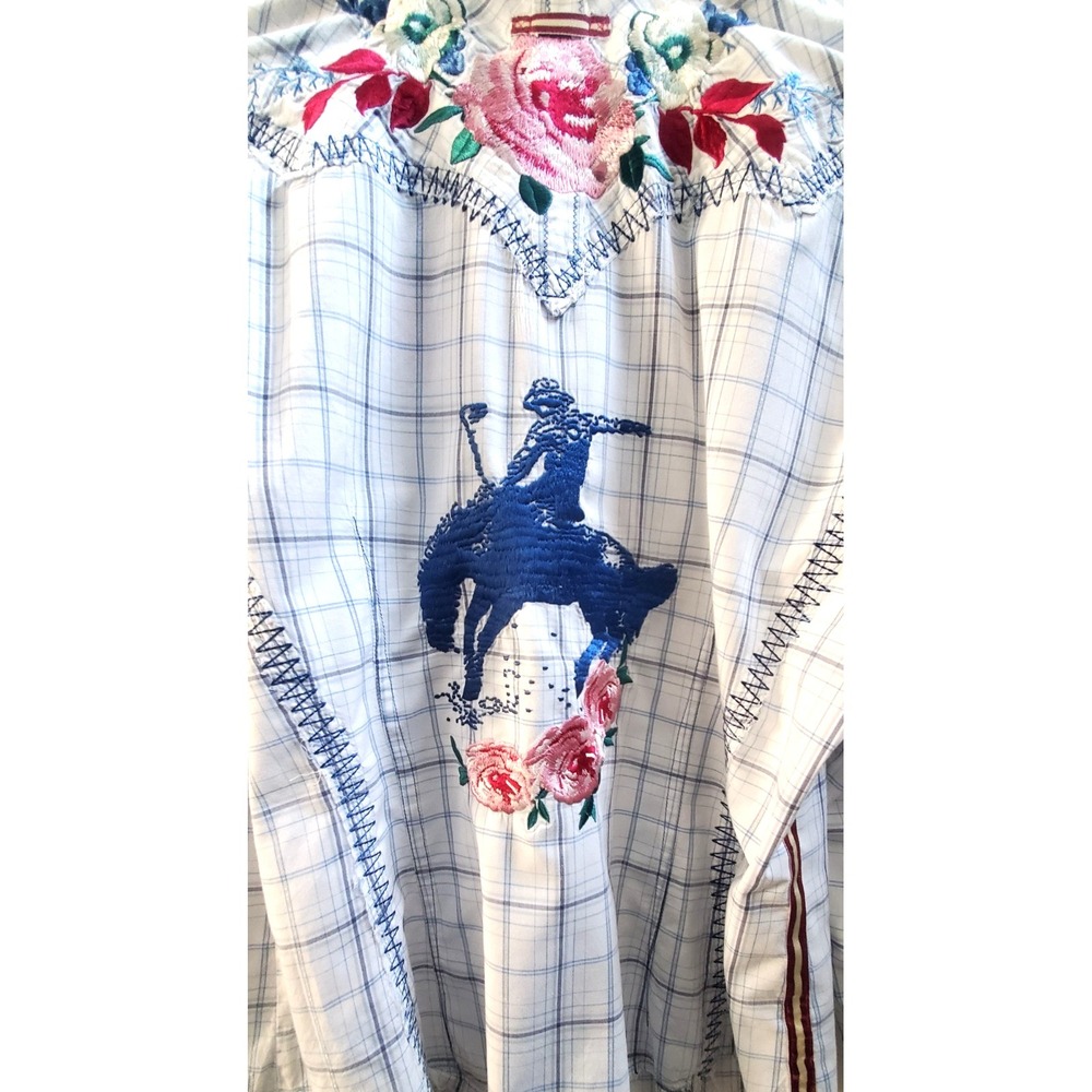 3J Workshop Johnny Was L Plaid Shirt Embroidery Rose Western Cowgirl Raw Hem L/S - Picture 6 of 16